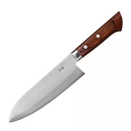 Satake Noushu Masamune Saku Santoku Japán Shirogami szénacél szakácskés 63 HRC, 17 cm, mahagóni markolat