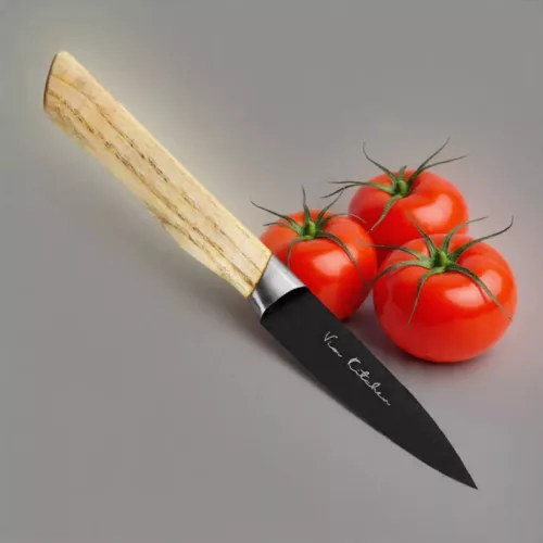 Satake Via Kitchen Japán rozsdamentes hámozókés 59 HRC, 9 cm, fekete oxid bevonat, kőrisfa markolat