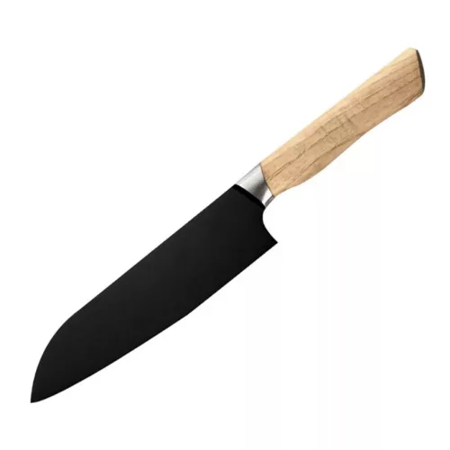 Satake Via Kitchen Santoku Japán rozsdamentes konyhakés 59 HRC, 18 cm, fekete oxid bevonat, kőrisfa markolat