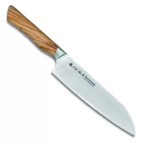   Satake Noushu Santoku Prémium Japán rozsdamentes Damaszk konyhakés 61 HRC, 18 cm, olivafa markolat