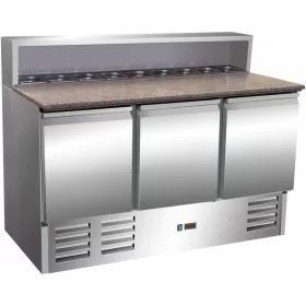   Pizza előkészítő hűtött munkaasztal 400L, 3 tele ajtóval 8xGN1/6 feltét hűtővel
